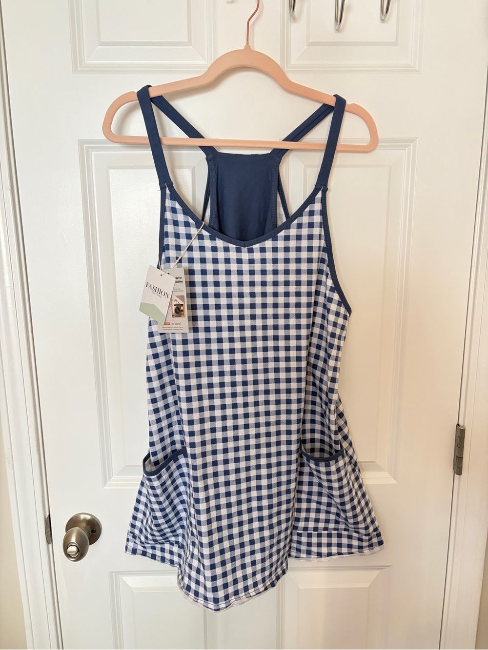 Womens Gingham Blue Athletic Mini Dress Built-in Shorts - Medium - NWT!